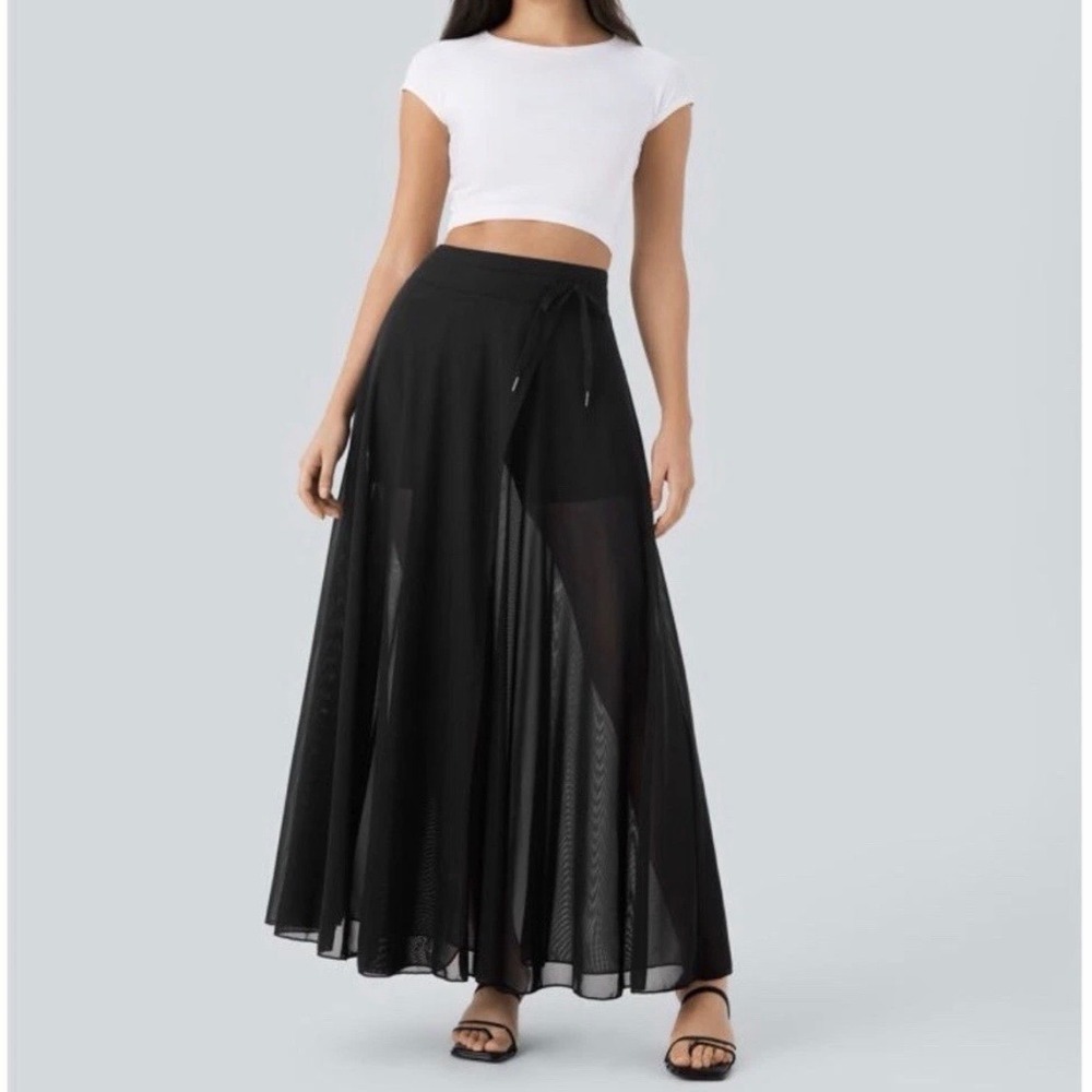 NEW Halara High Waist Sheer Mesh Maxi Skirt Medium Black Built in Shorts Skort